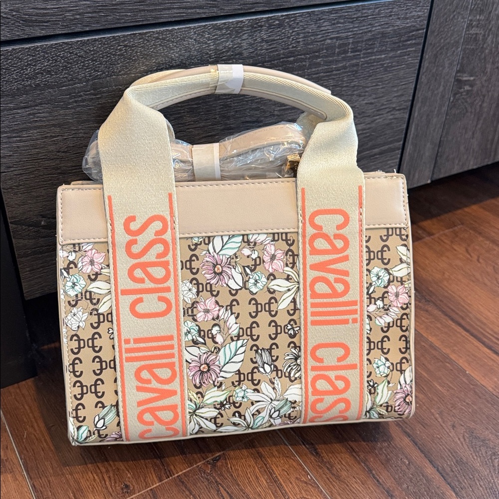 Cavalli Class NWT Serafina Top Handle Beige & Pink Floral Tote with long strap.